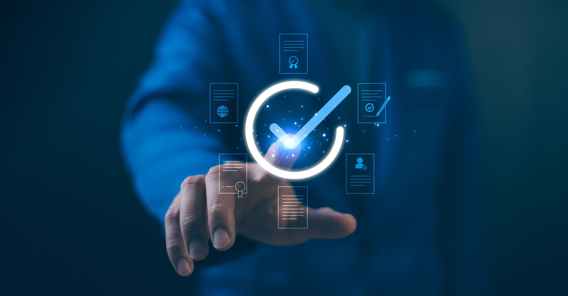 Quality management with Quality Assurance or QA and Quality Control or QC and improvement. Standardization and certification concept. Compliance to regulations and standards. Concept with manager.