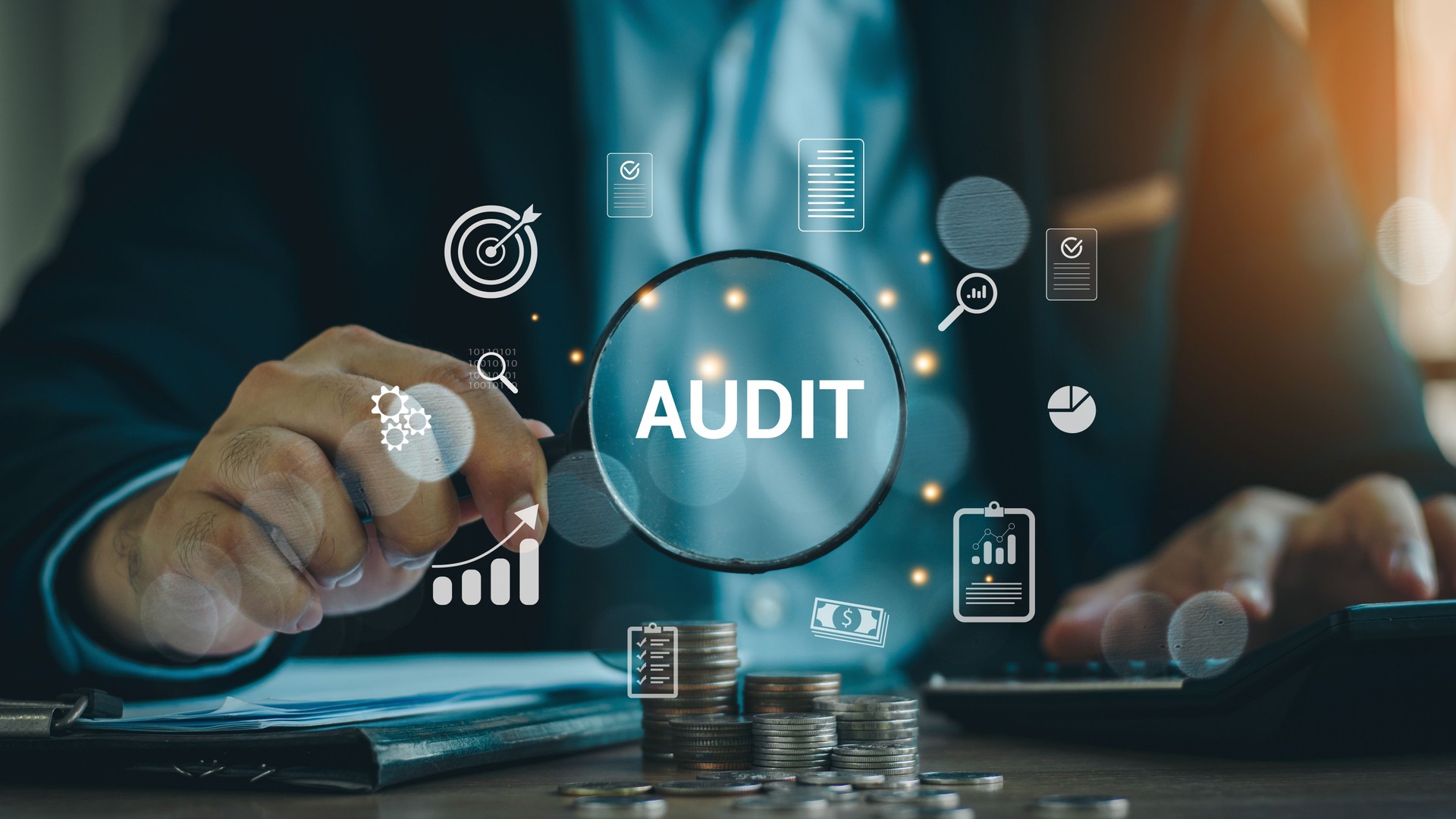 Audit business concept. Businessmen Using Magnifying Glass to check and evaluate financial statements. Auditing financial accounts within the organization. Audit And Fraud Investigation.
