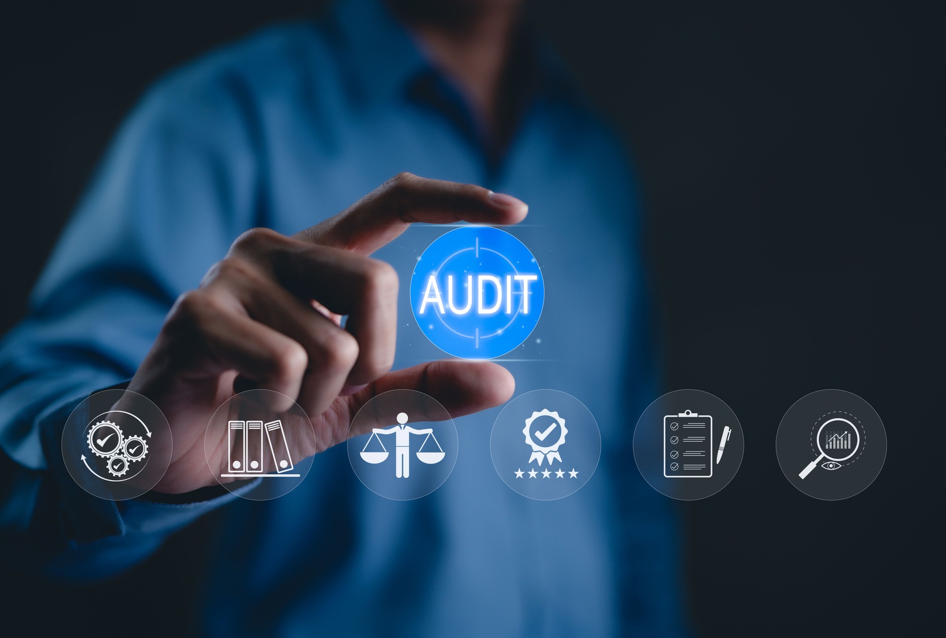 Business Audit Process and Compliance Management Concept. A professional demonstrating audit and compliance concepts with icons for regulation, evaluation, and quality assurance in a business setting.